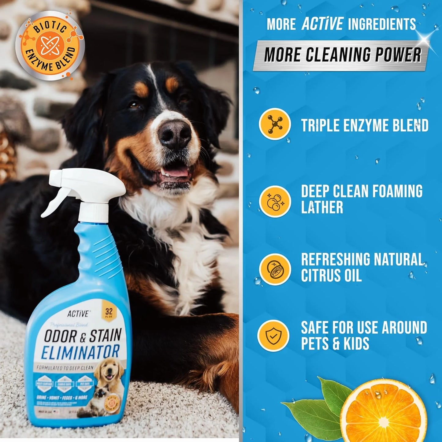 Pet Odor and Stain Eliminator Spray, Enzyme Cleaner for Dog and Cat Urine, Carpet and Upholstery Deodorizer, Natural Citrus, 32 Oz, 1 Pack