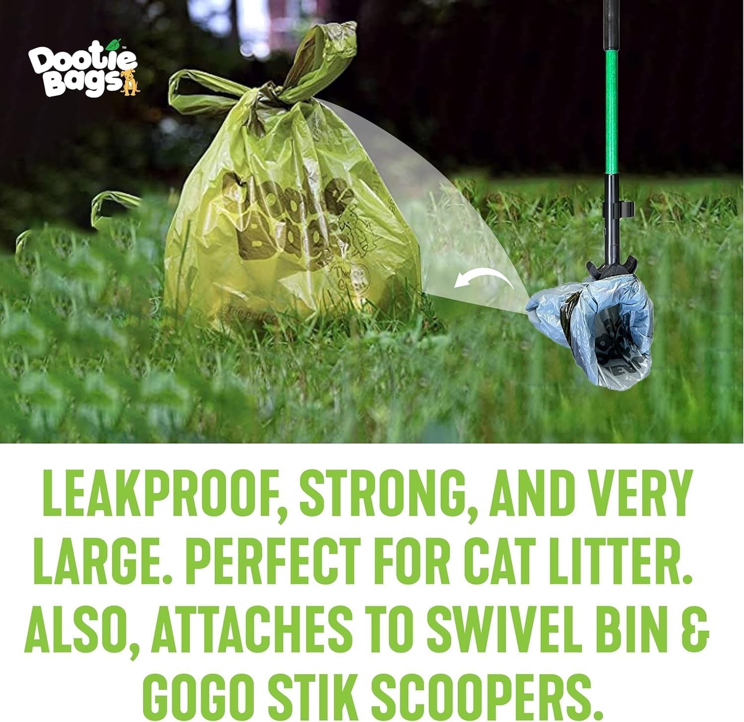 The Original Dootie Bag Is Back! Pooch Approved Large Dootie Bags, Dog Poop Bags. Strong, Leakproof - EZ Tie Handles. Perfect for Dogs & Cat Litter. Pet Waste Cleanup, Swivel Bin &  Scoopers.