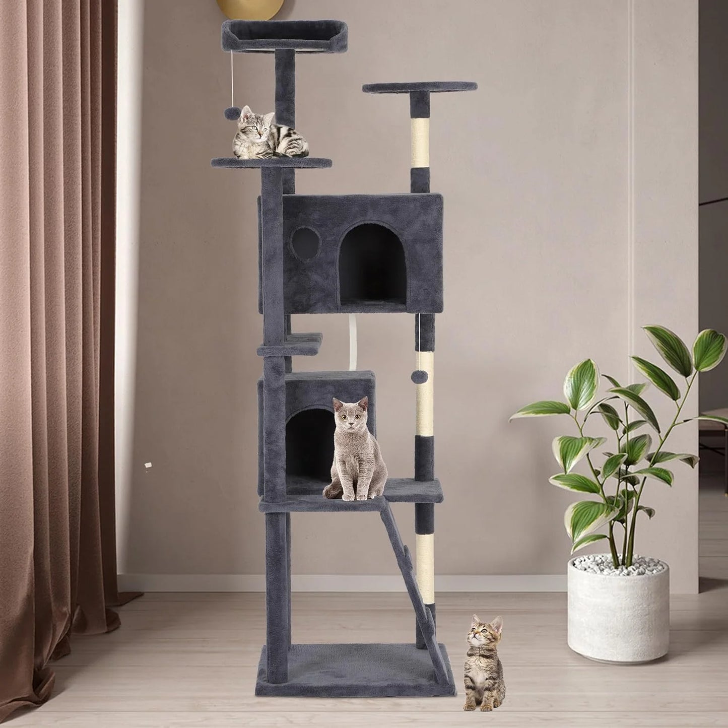 62In Cat Tree Tower for Indoor Cats,Multi-Level Cat Furniture Activity Center with Cat Scratching Posts Stand House Cat Condo with Funny Toys for Kittens Pet Play House,Dark Gray