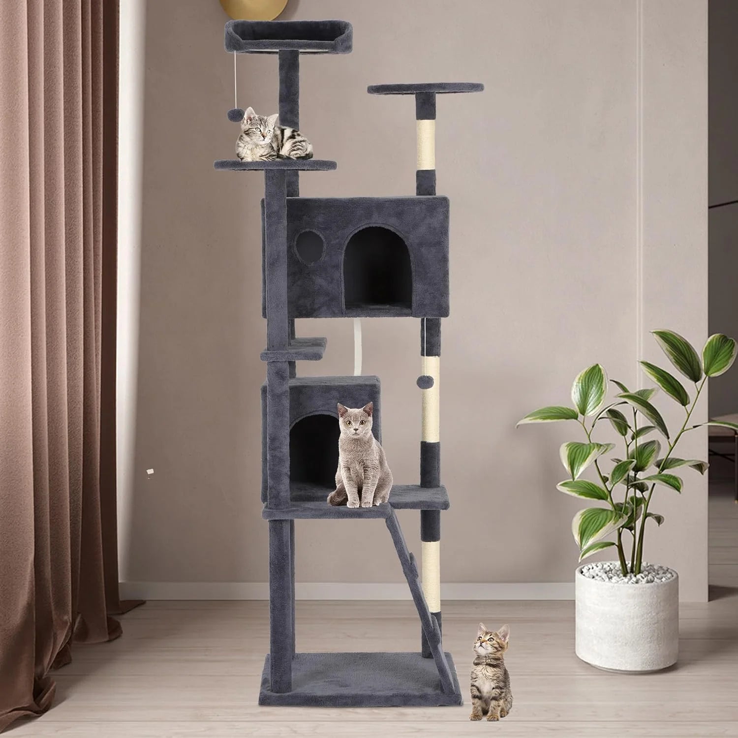 62In Cat Tree Tower for Indoor Cats,Multi-Level Cat Furniture Activity Center with Cat Scratching Posts Stand House Cat Condo with Funny Toys for Kittens Pet Play House,Dark Gray