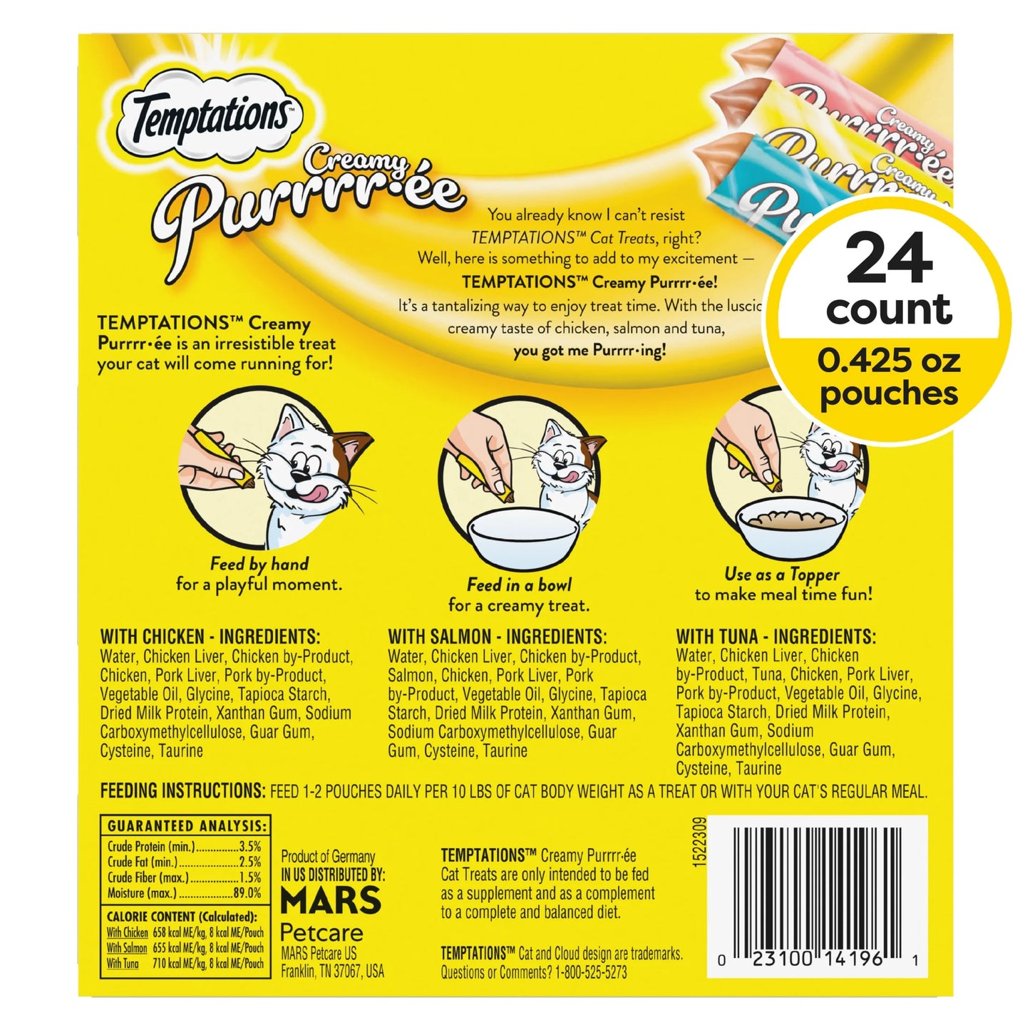 Creamy Puree Chicken, Salmon & Tuna Lickable Cat Treats, 12G Pouches (24 Pack)