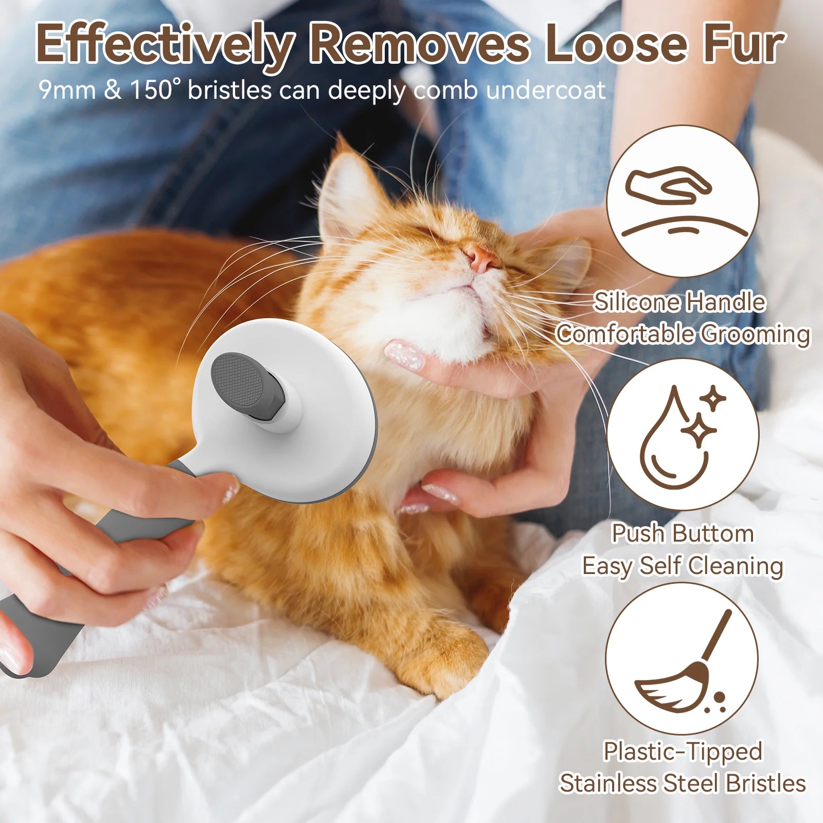 Cat & Dog Grooming Brush – Self-Cleaning Slicker Brush for Shedding, Removes Loose Fur & Tangles, Gentle & Skin-Friendly, Perfect for All Coat Types – Gray