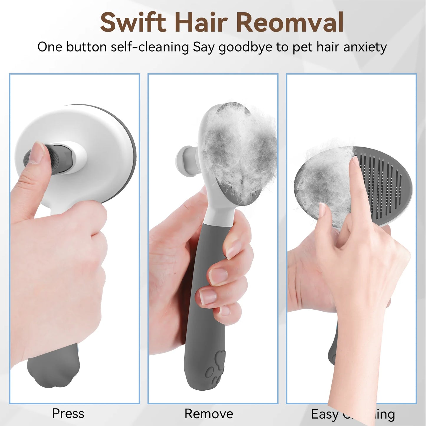 Cat & Dog Grooming Brush – Self-Cleaning Slicker Brush for Shedding, Removes Loose Fur & Tangles, Gentle & Skin-Friendly, Perfect for All Coat Types – Gray