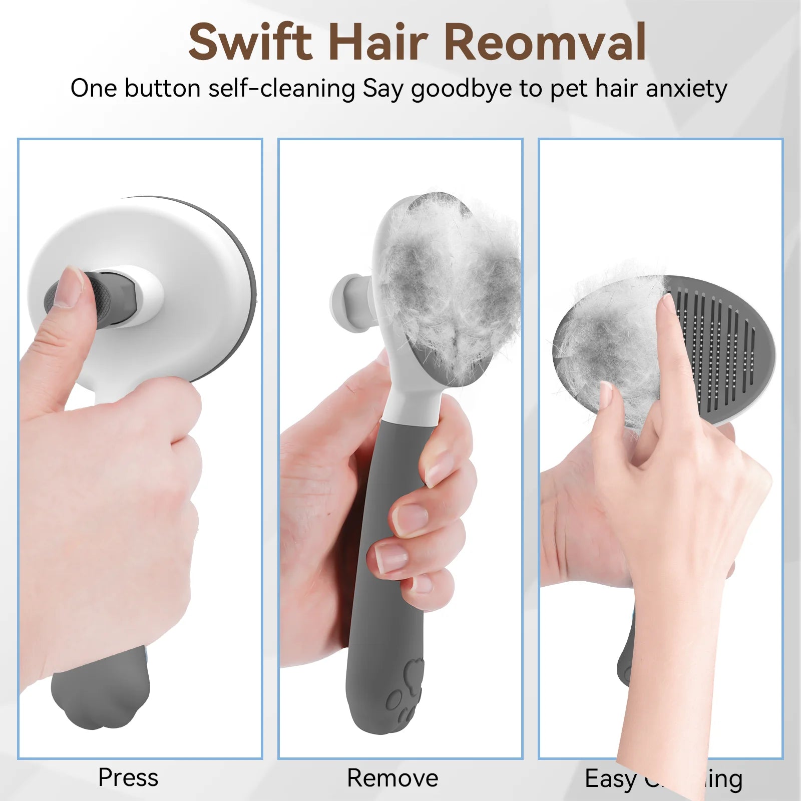 Cat & Dog Grooming Brush – Self-Cleaning Slicker Brush for Shedding, Removes Loose Fur & Tangles, Gentle & Skin-Friendly, Perfect for All Coat Types – Gray