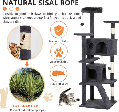 62In Cat Tree Tower for Indoor Cats,Multi-Level Cat Furniture Activity Center with Cat Scratching Posts Stand House Cat Condo with Funny Toys for Kittens Pet Play House,Dark Gray