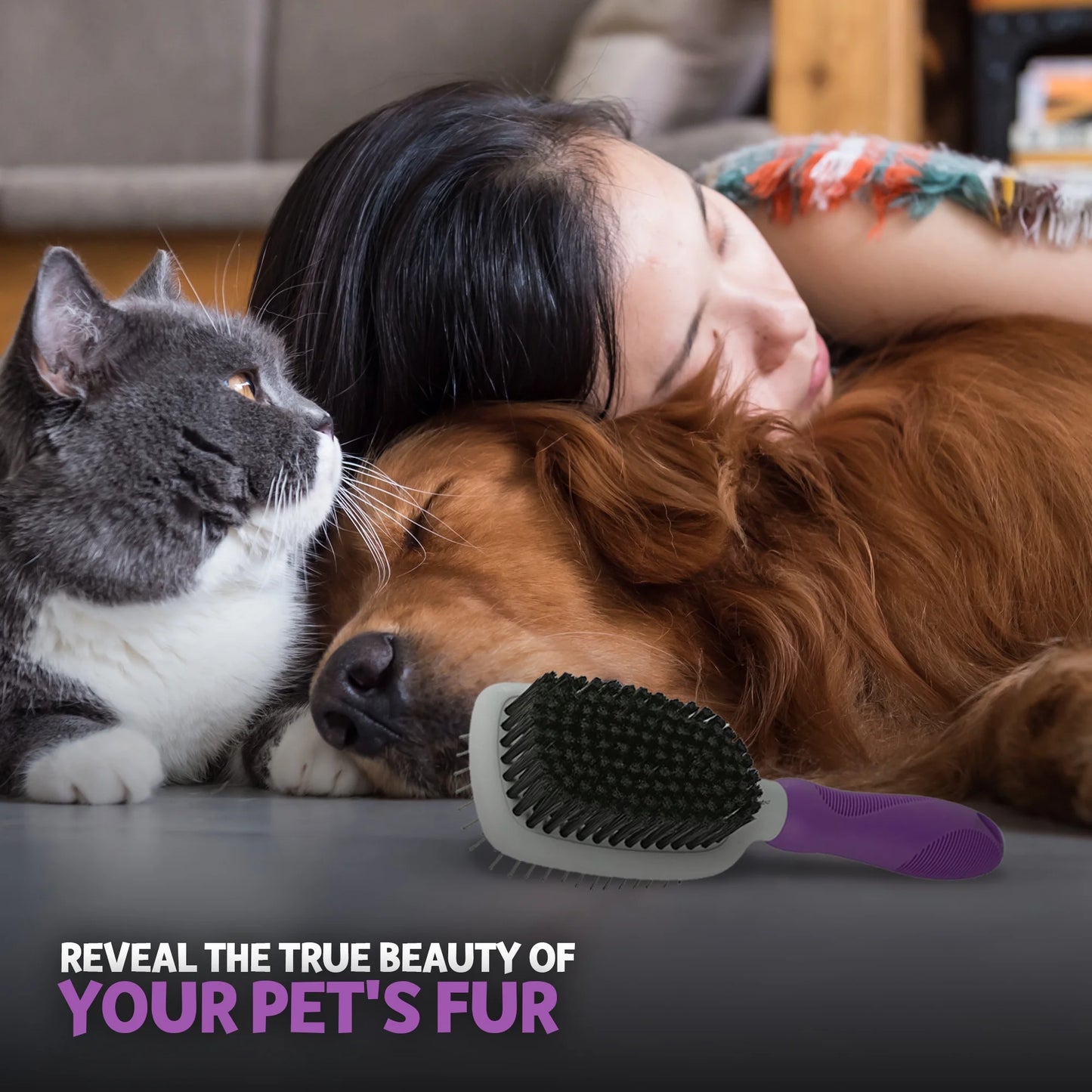 Pet Grooming Brush - Fur Detangling Pins & Coat Smoothing Slicker Bristles, Two-Sided Design for Dogs, Cats & Other Animals