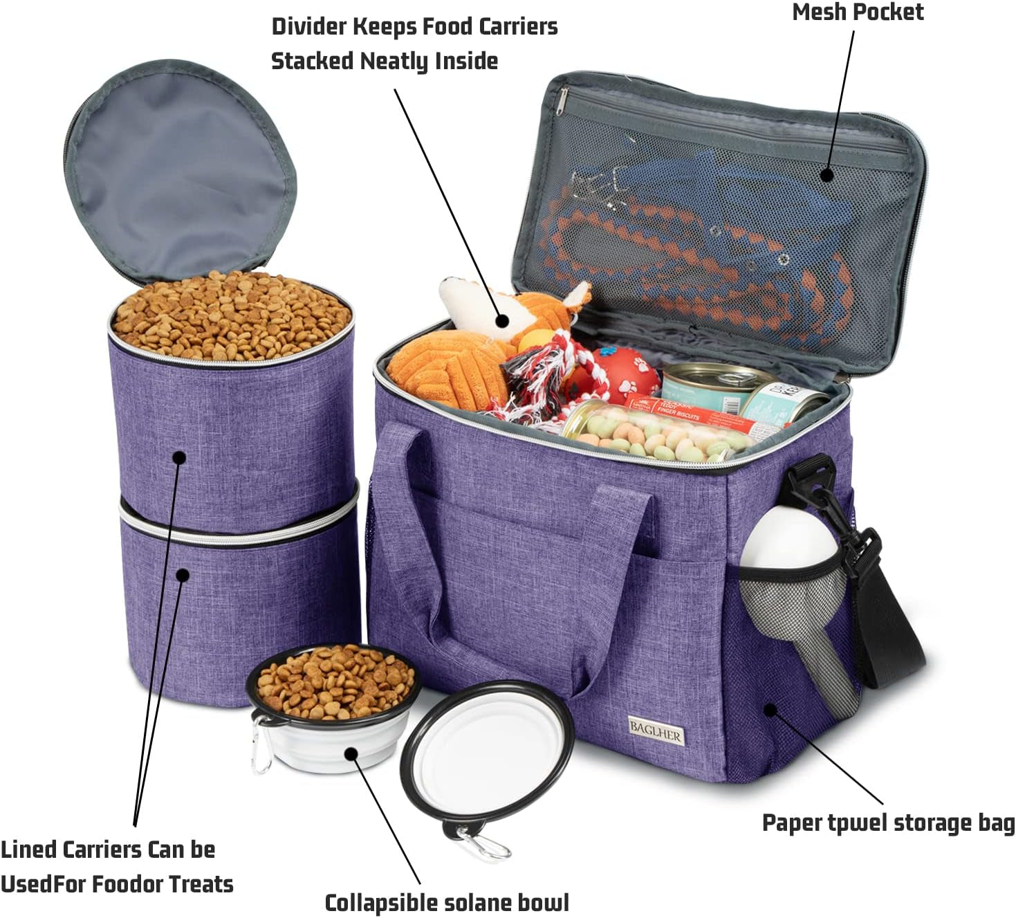 Dog Travel Bag Backpack Pet Supplies Backpack 5-Piece Set with Shoulder Strap 2 Lined Pet Food Containers 4 Foldable Feeding Bowls Essential Kit for Pet Travel