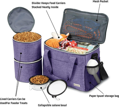 Dog Travel Bag Backpack Pet Supplies Backpack 5-Piece Set with Shoulder Strap 2 Lined Pet Food Containers 4 Foldable Feeding Bowls Essential Kit for Pet Travel