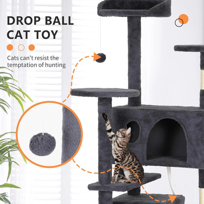 62In Cat Tree Tower for Indoor Cats,Multi-Level Cat Furniture Activity Center with Cat Scratching Posts Stand House Cat Condo with Funny Toys for Kittens Pet Play House,Dark Gray
