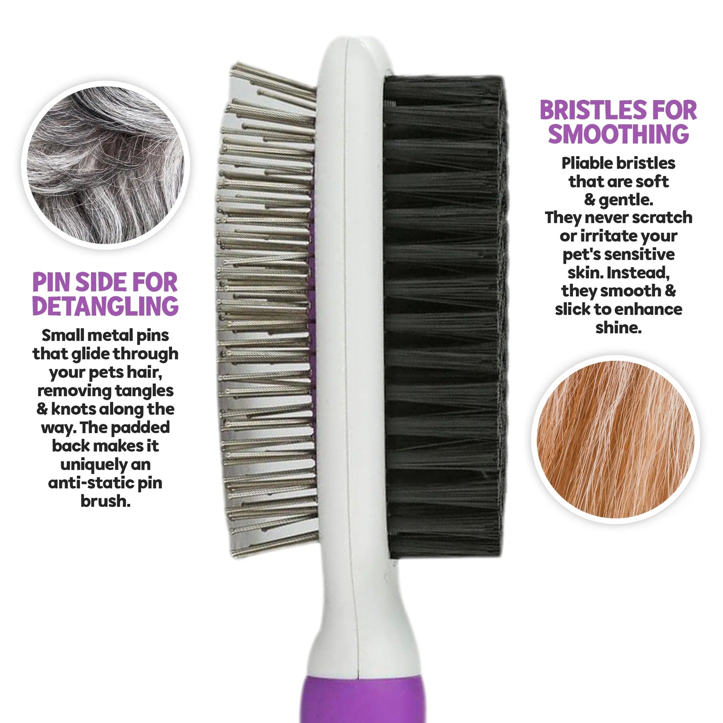 Pet Grooming Brush - Fur Detangling Pins & Coat Smoothing Slicker Bristles, Two-Sided Design for Dogs, Cats & Other Animals